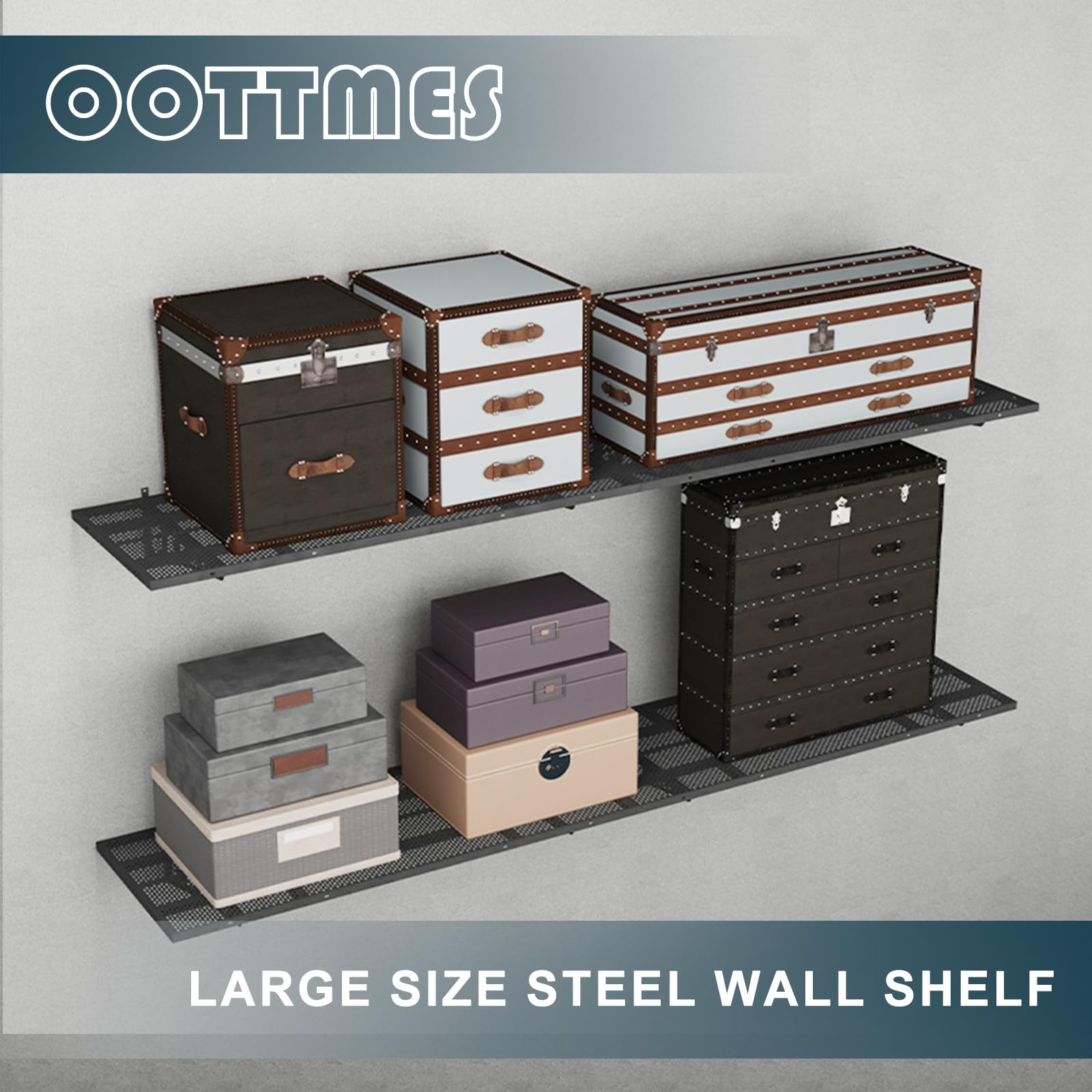 oottmes New 4 Pack Garage Wall Shelving, Heavy Duty 1.5' x 3.8' Wall Mount Storage Shelf with Hooks, Garage Storage Rack Floating Shelves, Holds 250 lbs Each