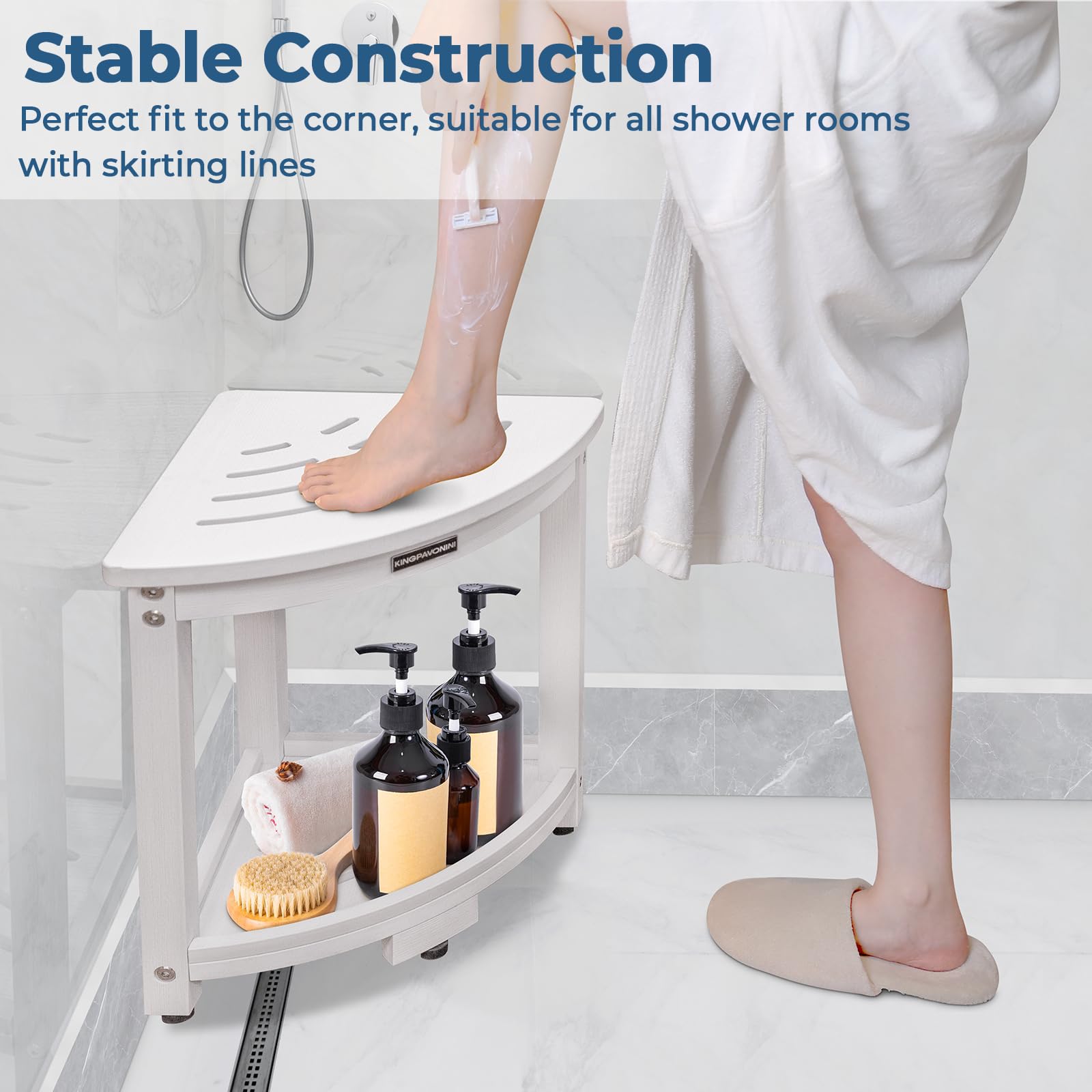 KingPavonini HDPS Shower Bench for Inside Shower Waterproof, Anti-Fading Corner Shower Stool for Shaving Legs, Anti-Fracture Shower Seat with Storage Shelf, Rapid Assembly, Load 400 Pounds