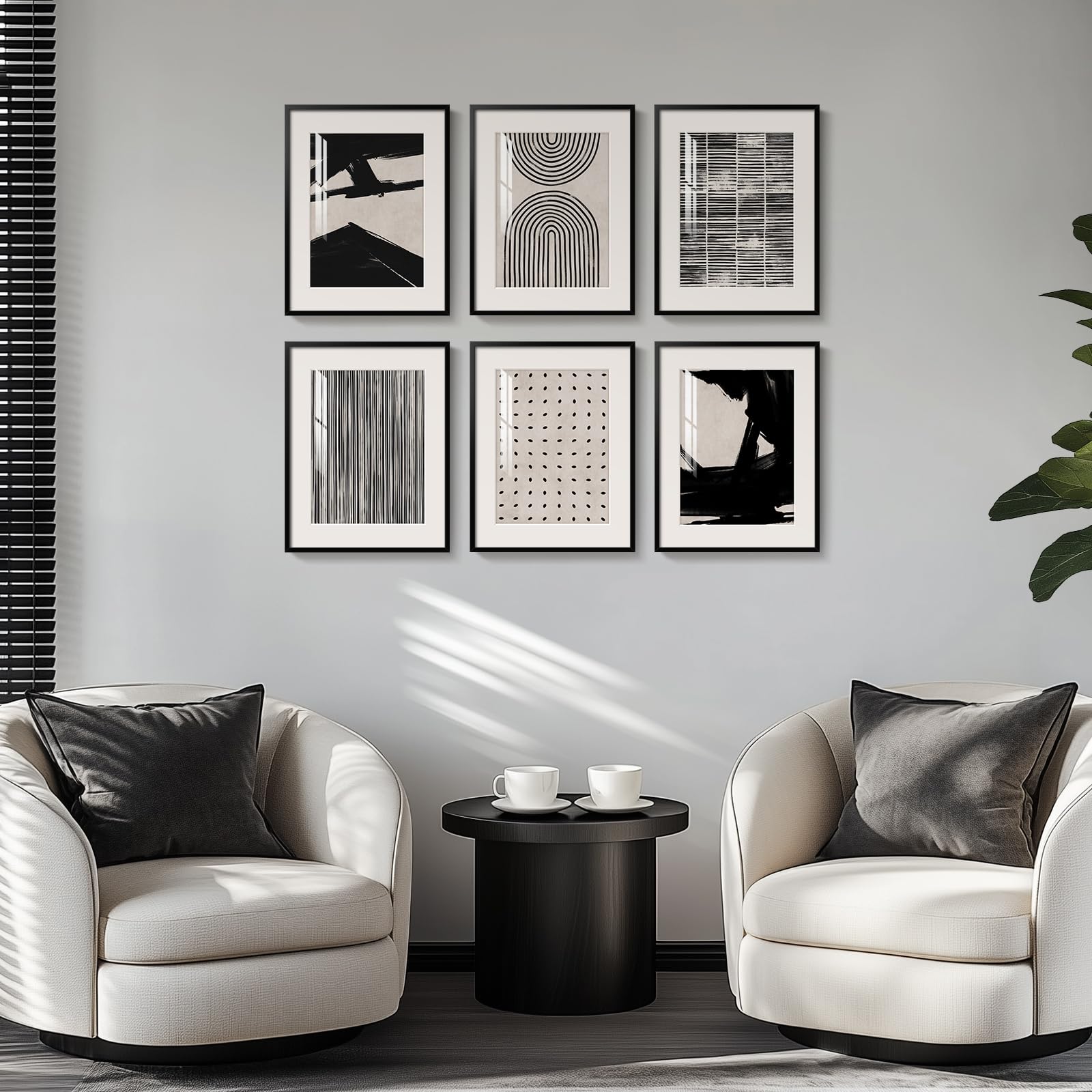 Framed Black and White Abstract Wall Art, 6 Pieces Modern Prints Paintings Artwork