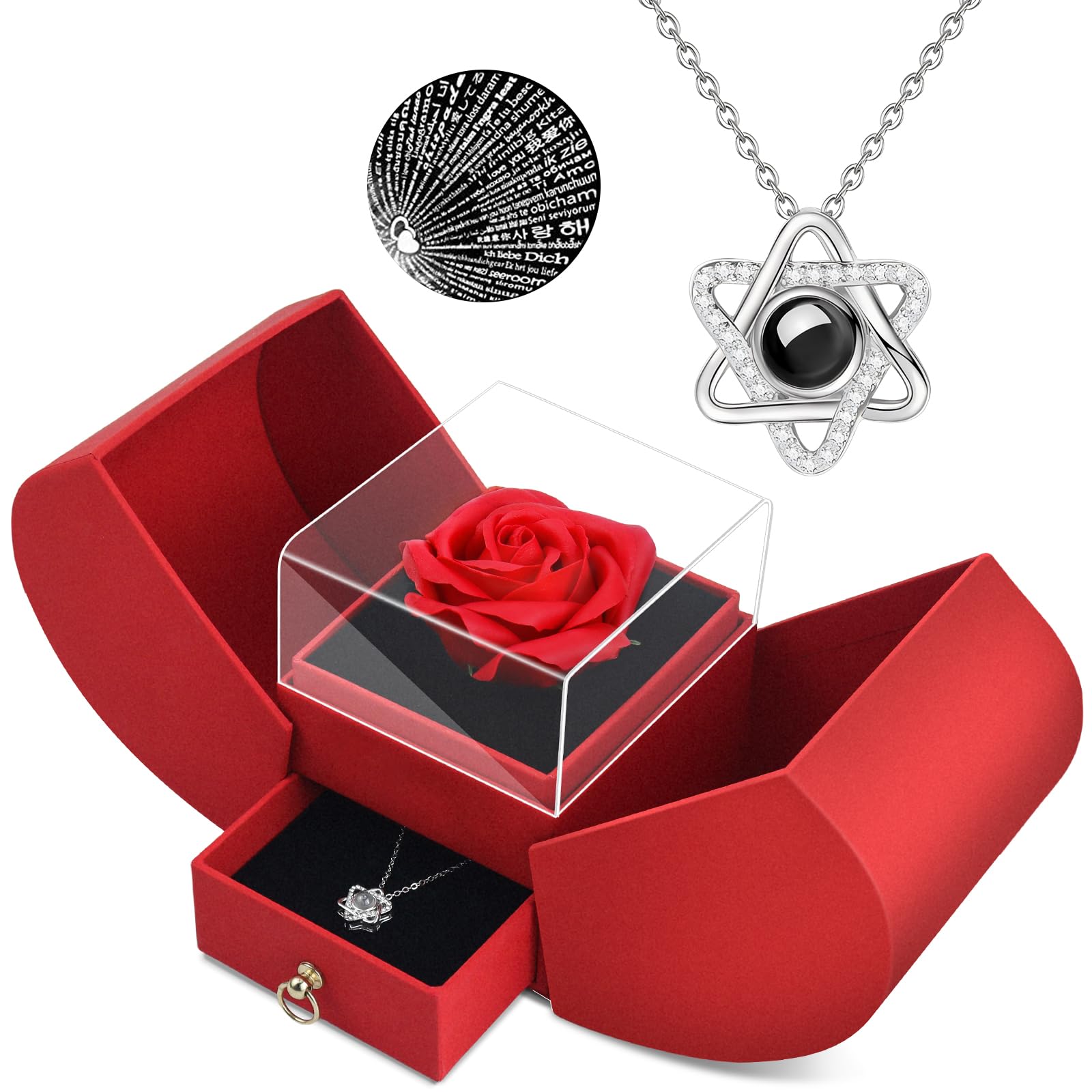 Preserved Red Real Rose Necklace 'I Love You' in 100 Languages - Eternal Flowers Rose