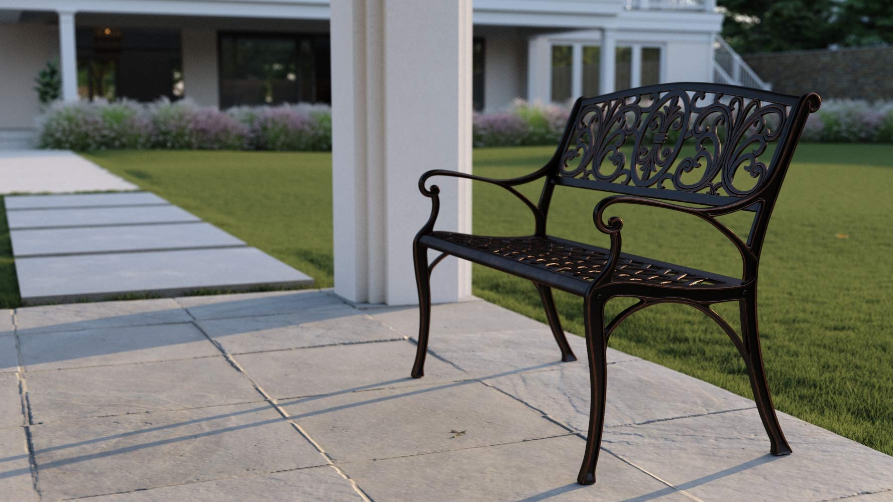 Patio Sense 63284 Decatur Cast Aluminum Patio Bench Heavy Duty Rust Free Metal