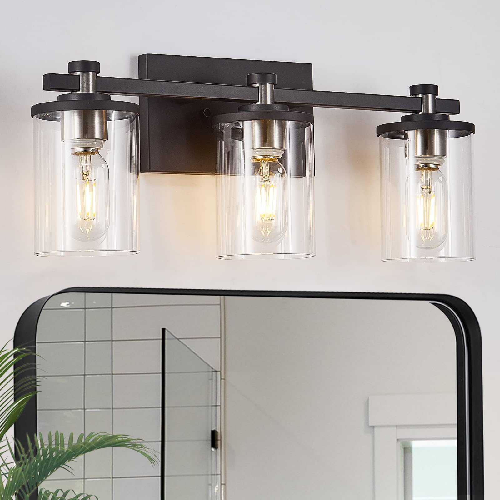Bathroom Vanity Light 3-Light, Black and Nickel Bathroom Light Fixtures with Clear Glass