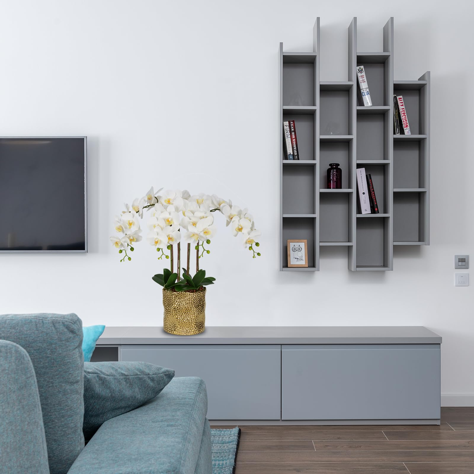 Artificial Orchid Plants & Flowers Arrangement in Ceramic Pot, Fake Faux White Orchid