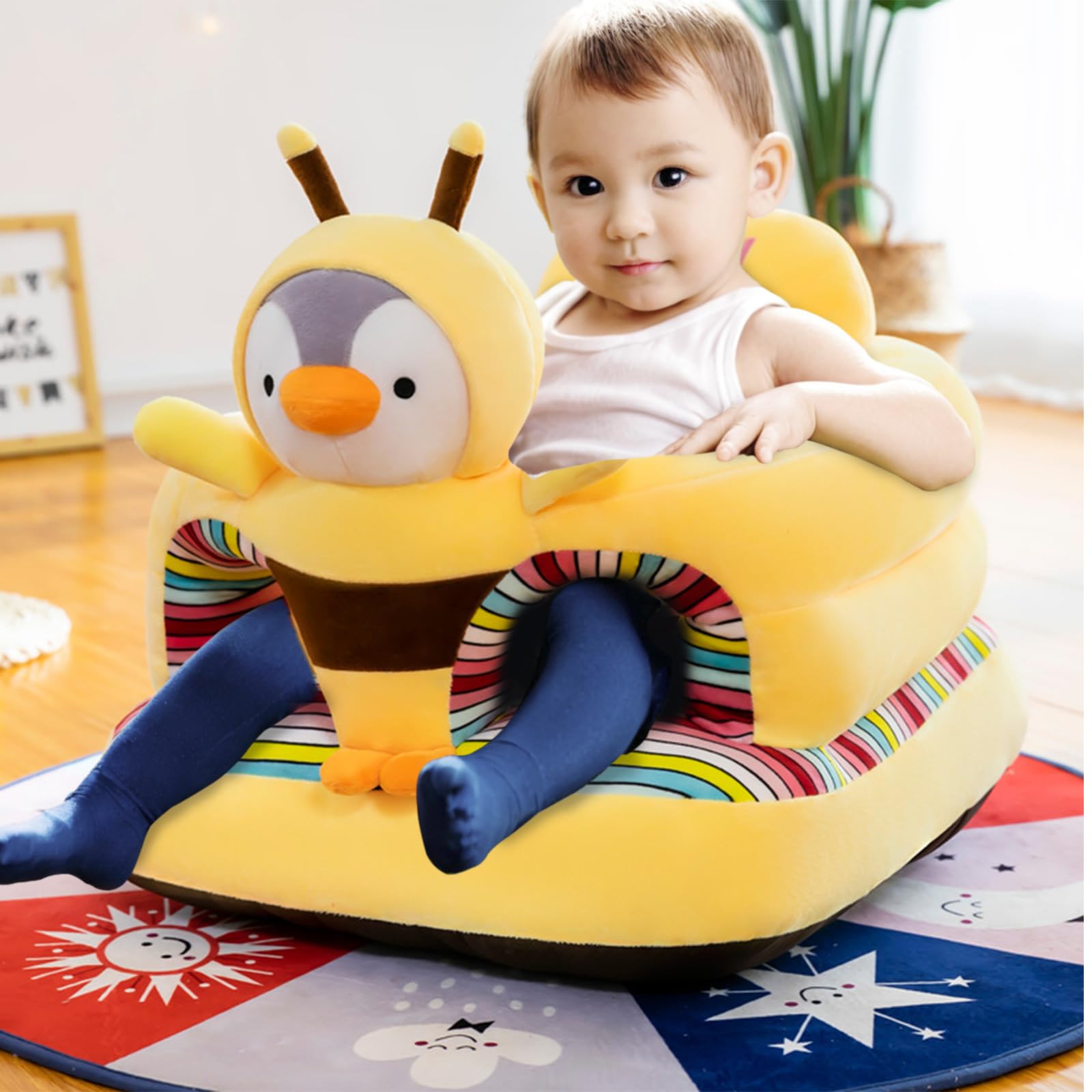 HEVOY Baby Seat for 3-24 Month, Infant Back Support Floor Chair, Plush Cartoon Animals Baby Sofa, Toddler Floor Seater for Sitting Up, Portable Activity Seat for Babies (Bee)