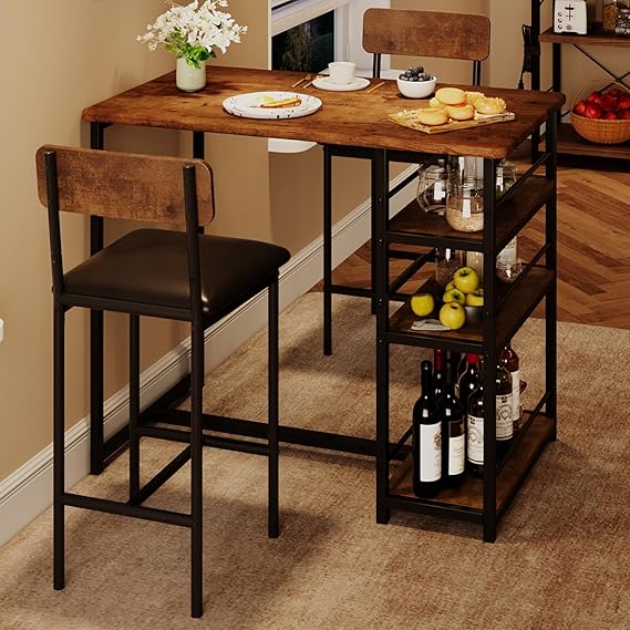 Dining Table and Chairs, Bar Table Set with 2 Upholstered Bar Stools