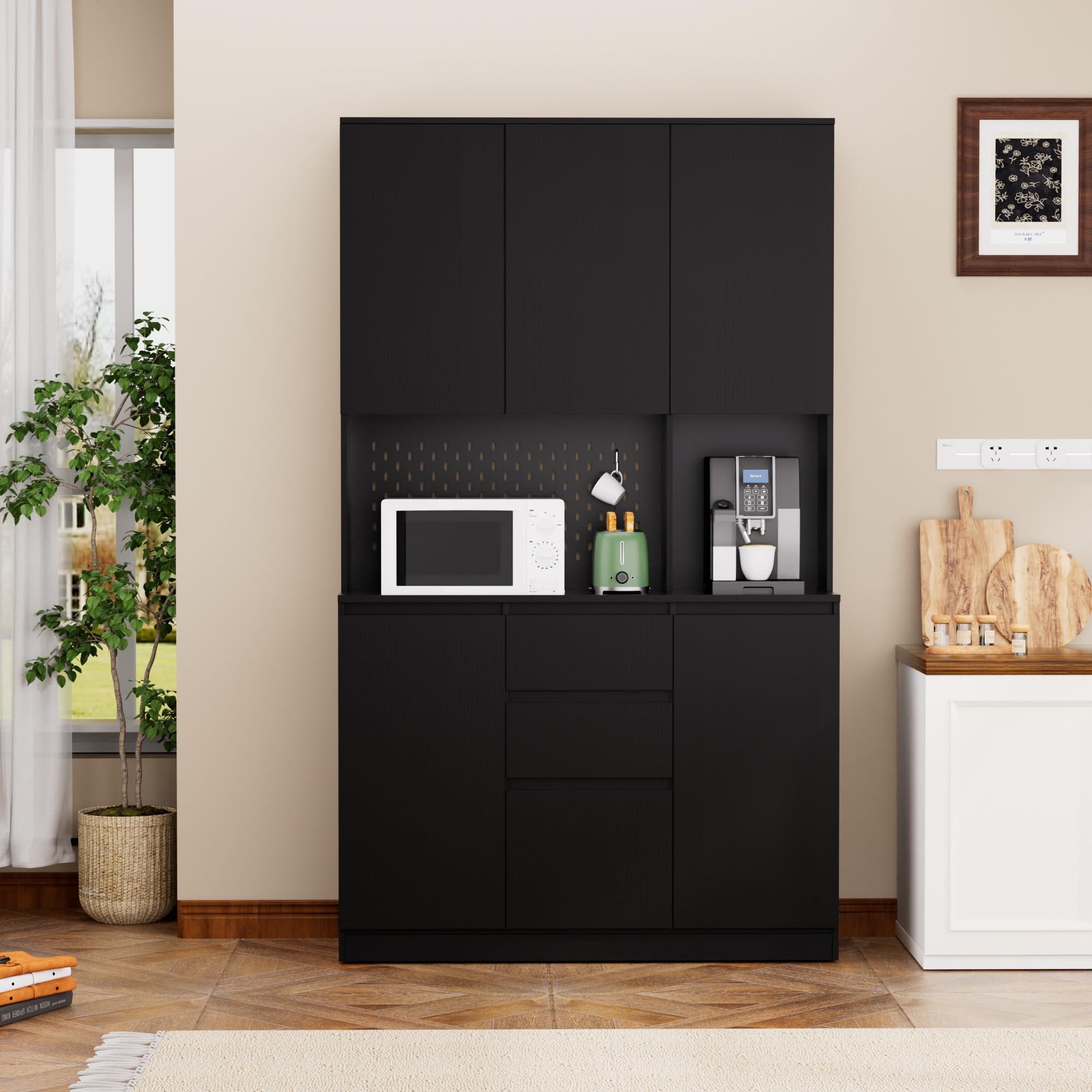74” Pantry Cabinet with Power Outlet, Kitchen Hutch with Storage & Microwave