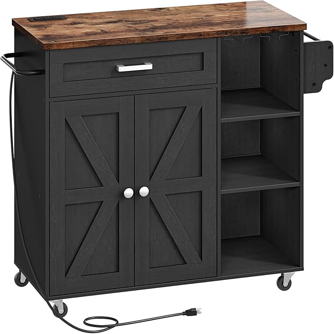 Kitchen Island Trolley with Power Outlet, Spice Rack, Rolling Storage Cart with Drawer