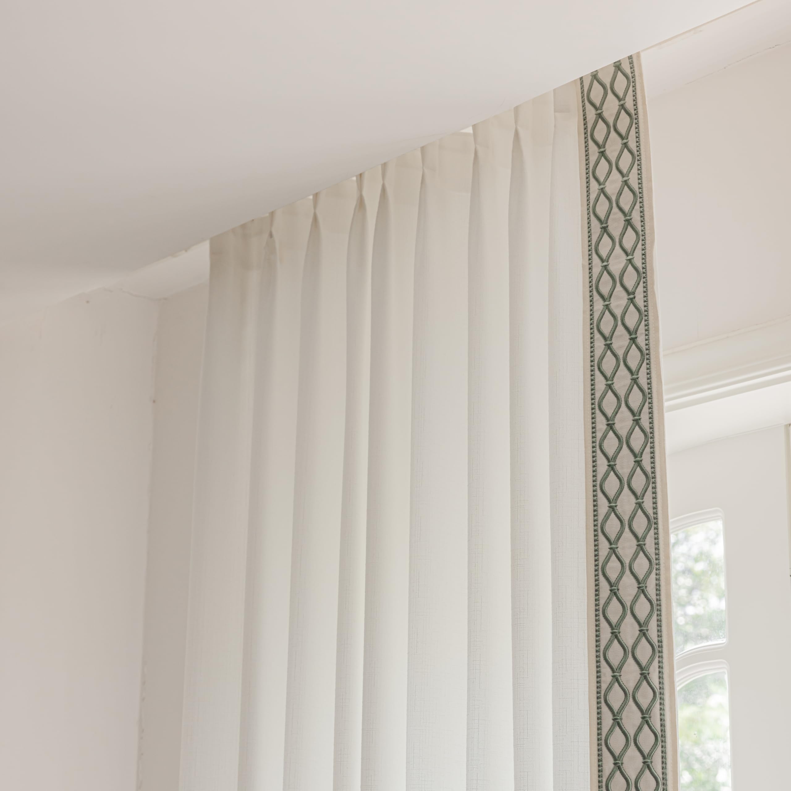 White Linen Curtain Panels with Embroidered Trim Design, Pinch Pleat Curtains