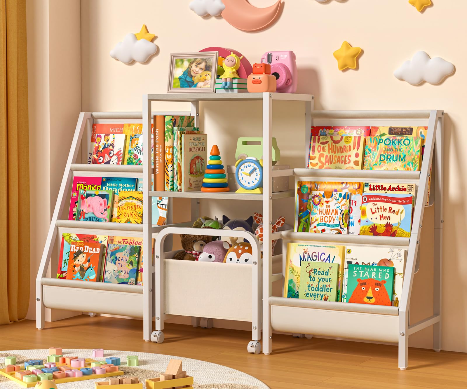 Kids Bookshelf and Toy Storage, 2-Sided Montessori Book Shelf, Large Toddler Book Shelf