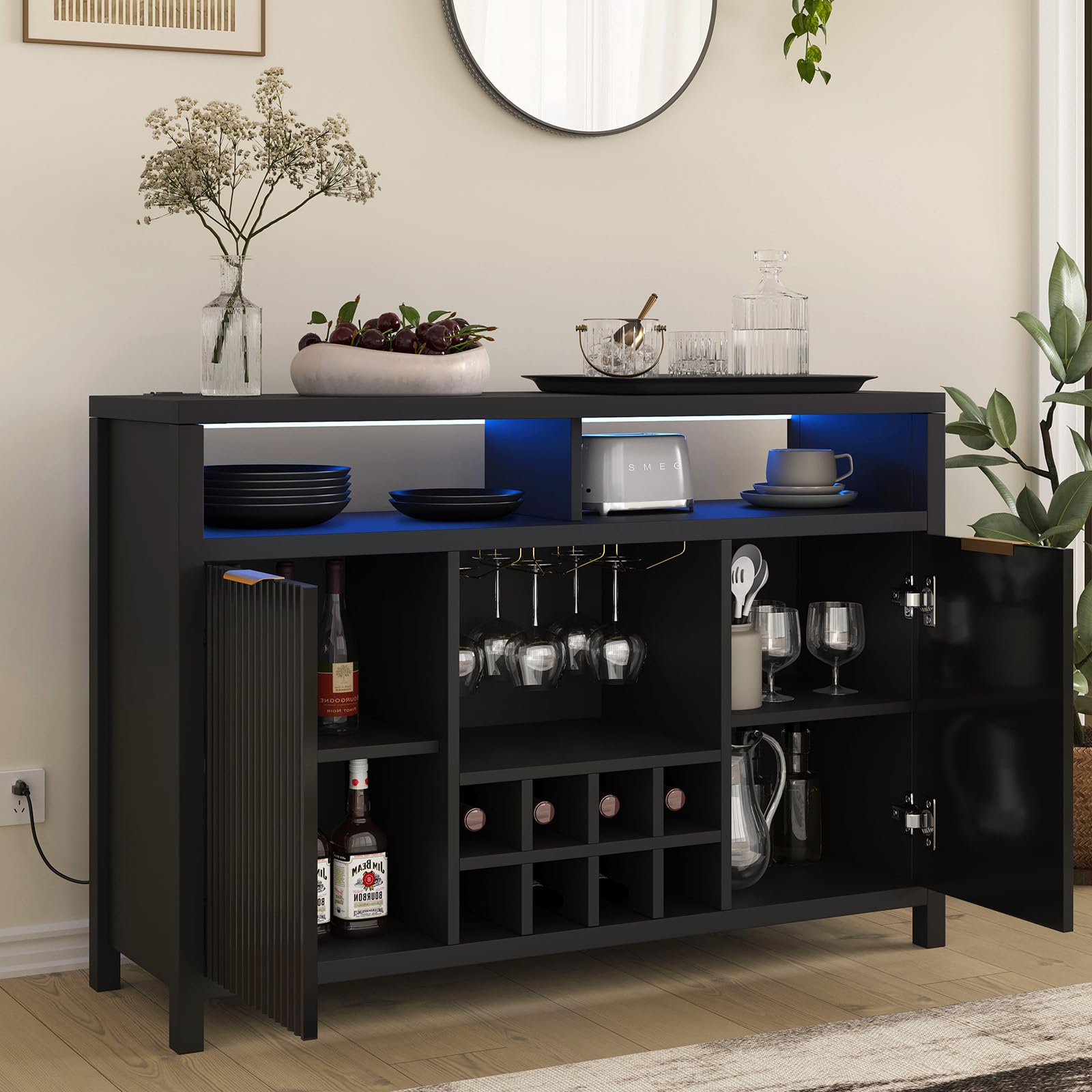 Fluted Home Bar Wine Cabinet with LED Light, Charging Station, Wine Rack - Buffet Cabinet with Storage, Coffee Bar Table, Stylish Fluted Credenza Cabinet for Modern Home Kitchen 47.2" Black