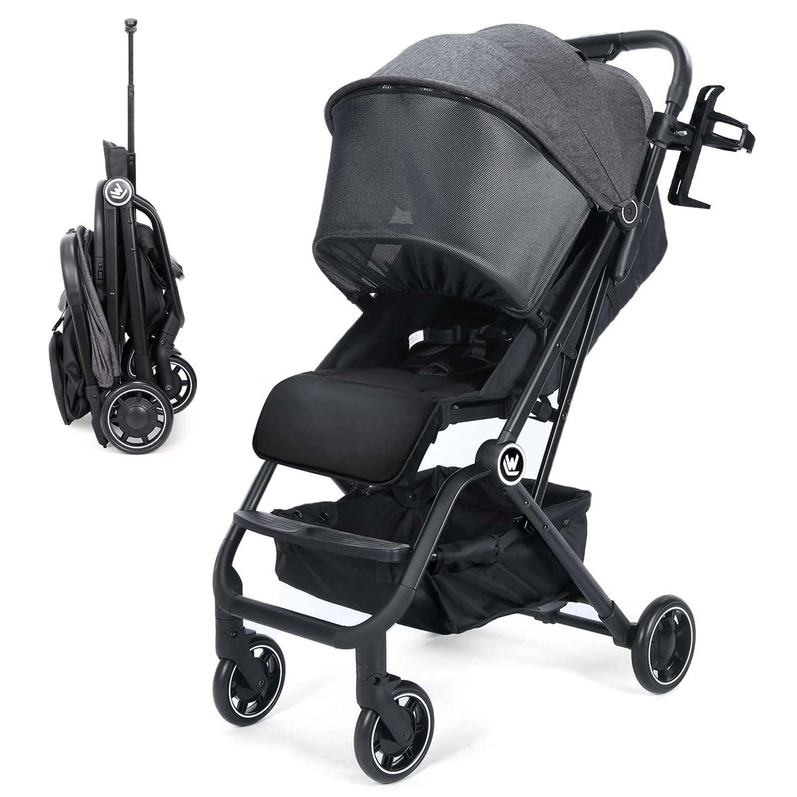 Baby Stroller, Compact Travel Stroller with Sleep Shade, Oversize Basket