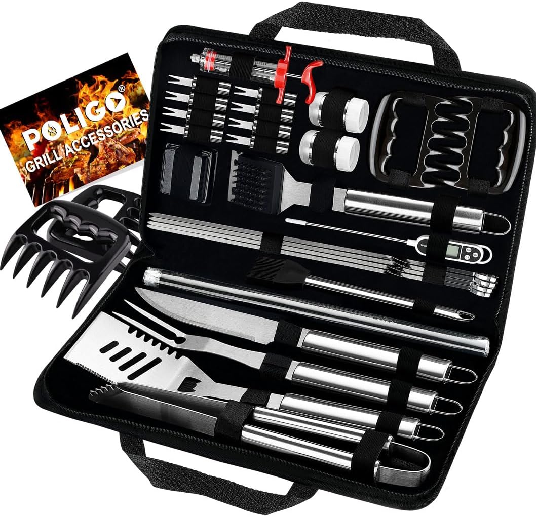 POLIGO 28PC Exclusive BBQ Grill Accessories in Carrying Bag for Birthday Fathers Day Grilling Gift - Premium Grill Utensils Set with Barbecue Claws, Meat Injector, Thermometer for Smoker, Camping BBQ