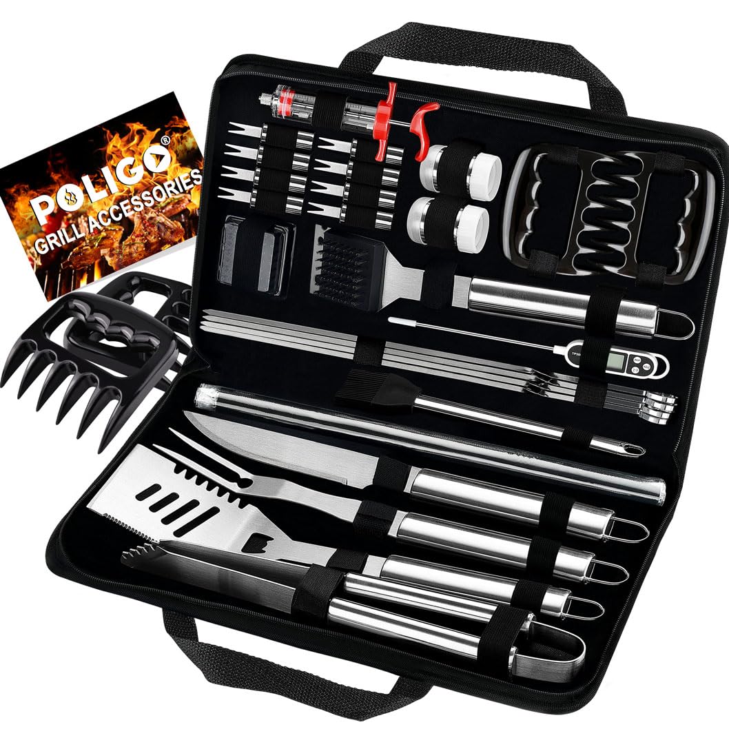 POLIGO 28PC Exclusive BBQ Grill Accessories in Carrying Bag for Birthday Fathers Day Grilling Gift - Premium Grill Utensils Set with Barbecue Claws, Meat Injector, Thermometer for Smoker, Camping BBQ