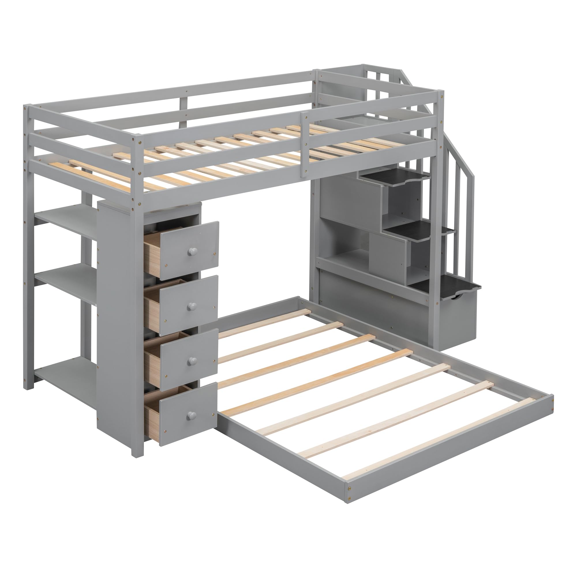 Twin Over Full Bunk Bed with 3-Layer Shelves,Wood L-Shape High Loftbed Frame