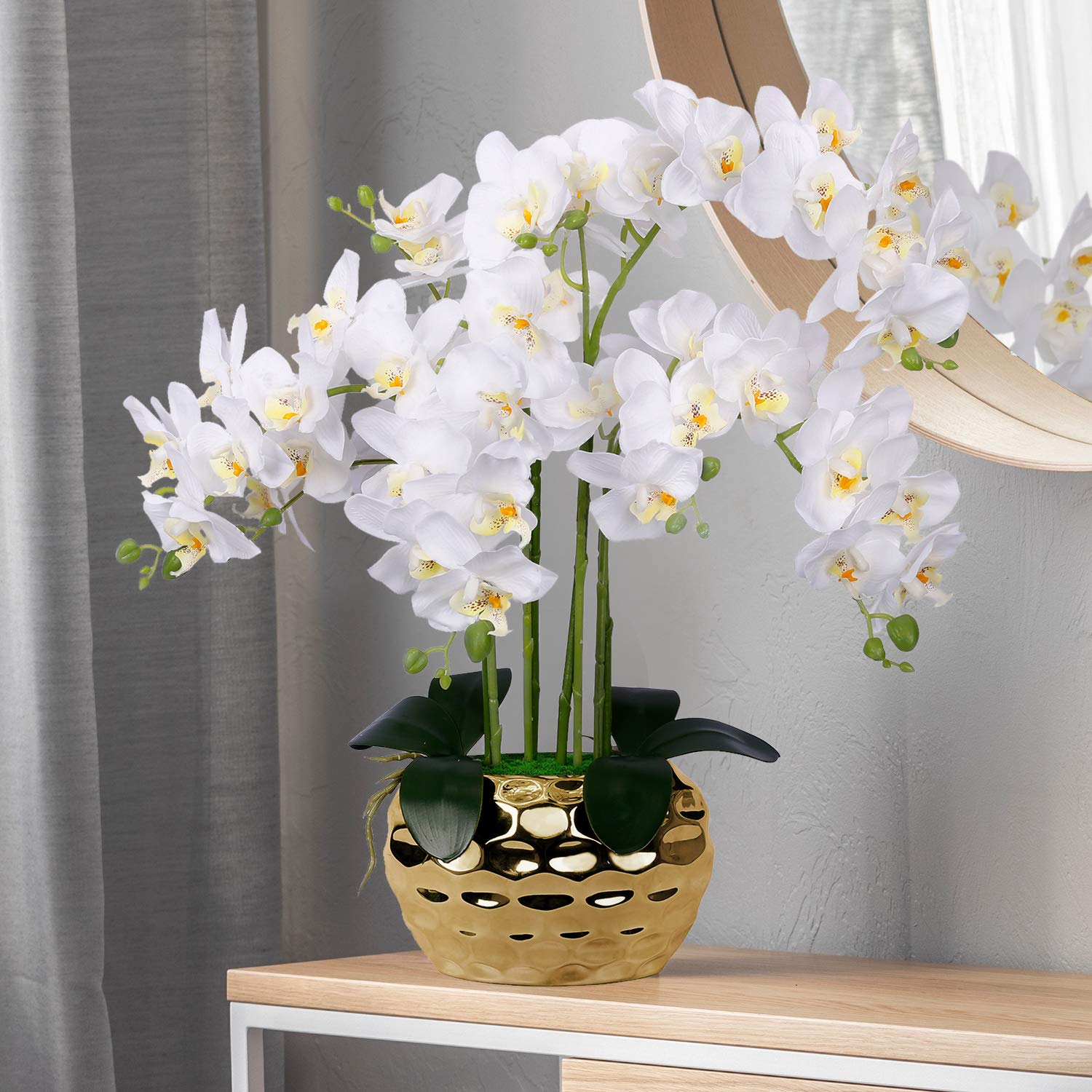 Artificial Orchid in Gold Vase White Silk Faux Orchid Plant in Gold Pot Fake Flower