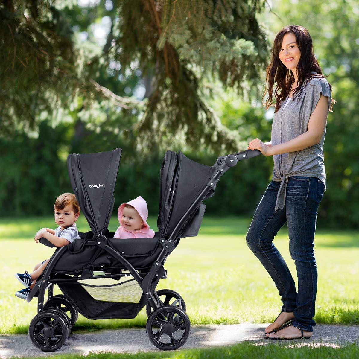 Double Stroller - Foldable Lightweight Twin Stroller with Tandem Seating