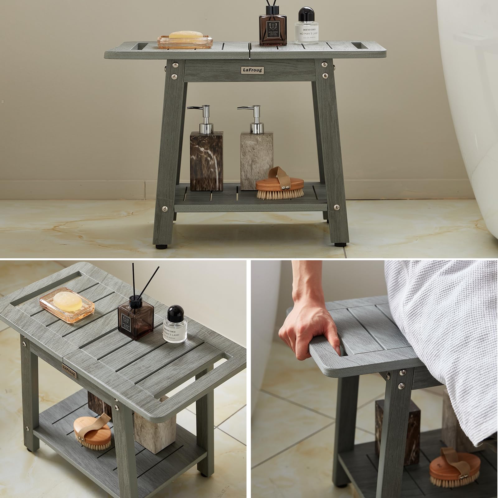 LaFroug Large Shower Bench, Heavy Duty HDPS Shower Stool for Inside Shower, 2 Tier Shower Chair Seat with Shelf for Bath, Waterproof Shower Foot Rest for Shaving Legs with Adjustable Feet, Gray