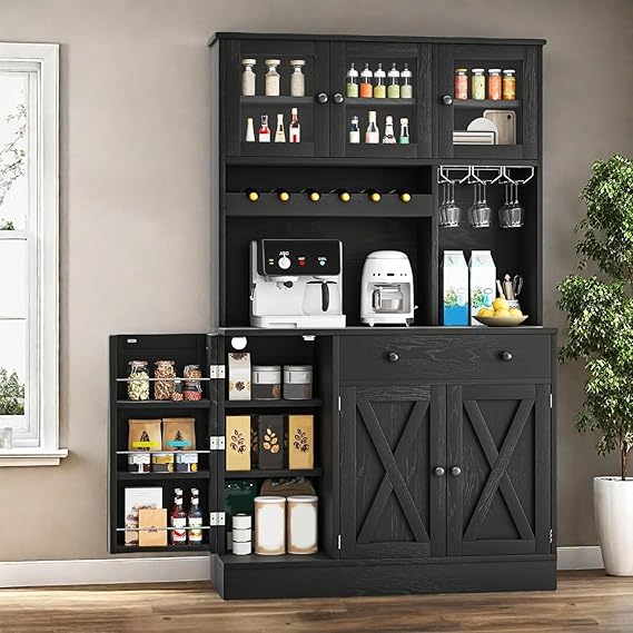 71''H Kitchen Pantry Cabinet, Tall Cabinet with Drawer, Doors, Goblet Holder