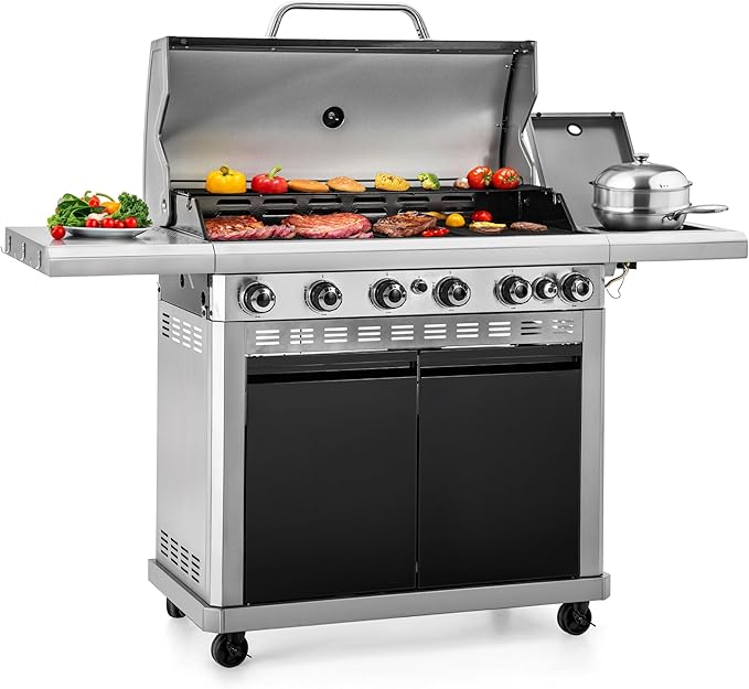 4-Burner Propane Gas BBQ Grill with Side Burner and Porcelain-Enameled Cast Iron Grates