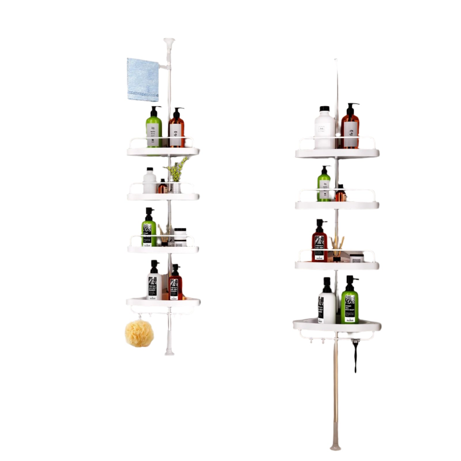 HAMITOR Corner Shower Caddy Tension Pole: Adjustable Stainless Steel Shower Organizer with 4 Tier Shelf for Bathroom Bathtub Tub Shampoo - Floor Standing Rack Bath Storage Holder with Rust Proof Rods