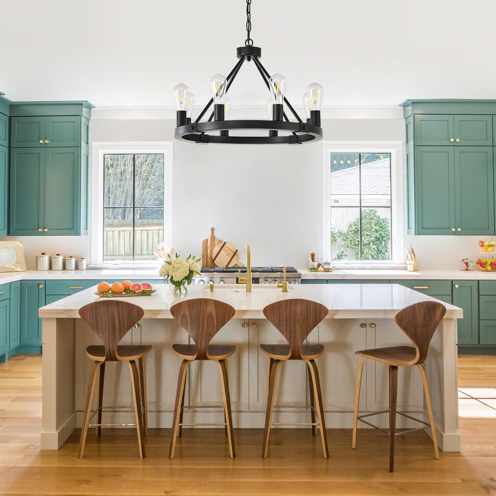 Black Modern Farmhouse Wagon Wheel Chandelier for Dining Room Light