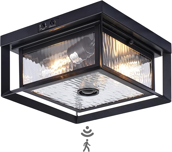 Motion Sensor Outdoor Flush Mount Ceiling Light, Water Ripple Glass Square Black