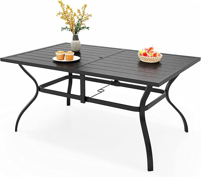 6-Person Outdoor Metal Steel Slat Dining Rectangle Table with Adjustable Umbrella Hole