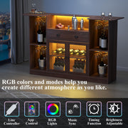 Loomie Bar Table Cabinet with LED & Drawer,Mini Liquor Bar with 8-Tier Storage&Stemware Holder,Wine Alcohol Bar Stand with Glass Door & Adjustable Wine Rack,Crescent Shaped Counter for Home Pub,Walnut