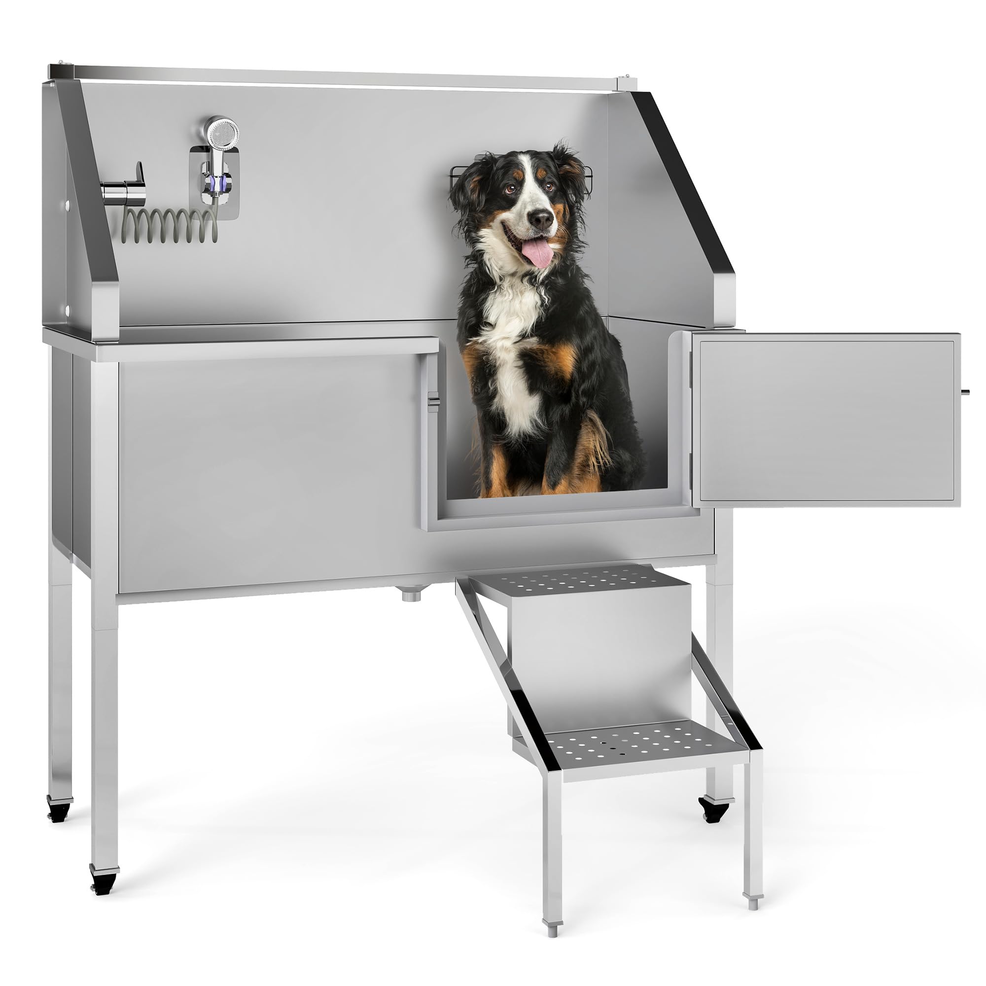56" Dog Washing Station for Home, Stainless Steel Dog Bathtub for Large Dogs