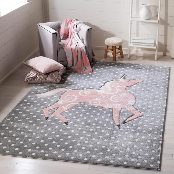 Carousel Kids Collection 6'7" Square Pink / Ivory CRK163P Unicorn Nursery Playroom