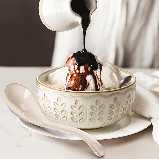 Soup Bowls 32 OZ, Cereal Bowls & Soup Spoons, Embossed Ceramic Pho Bowl