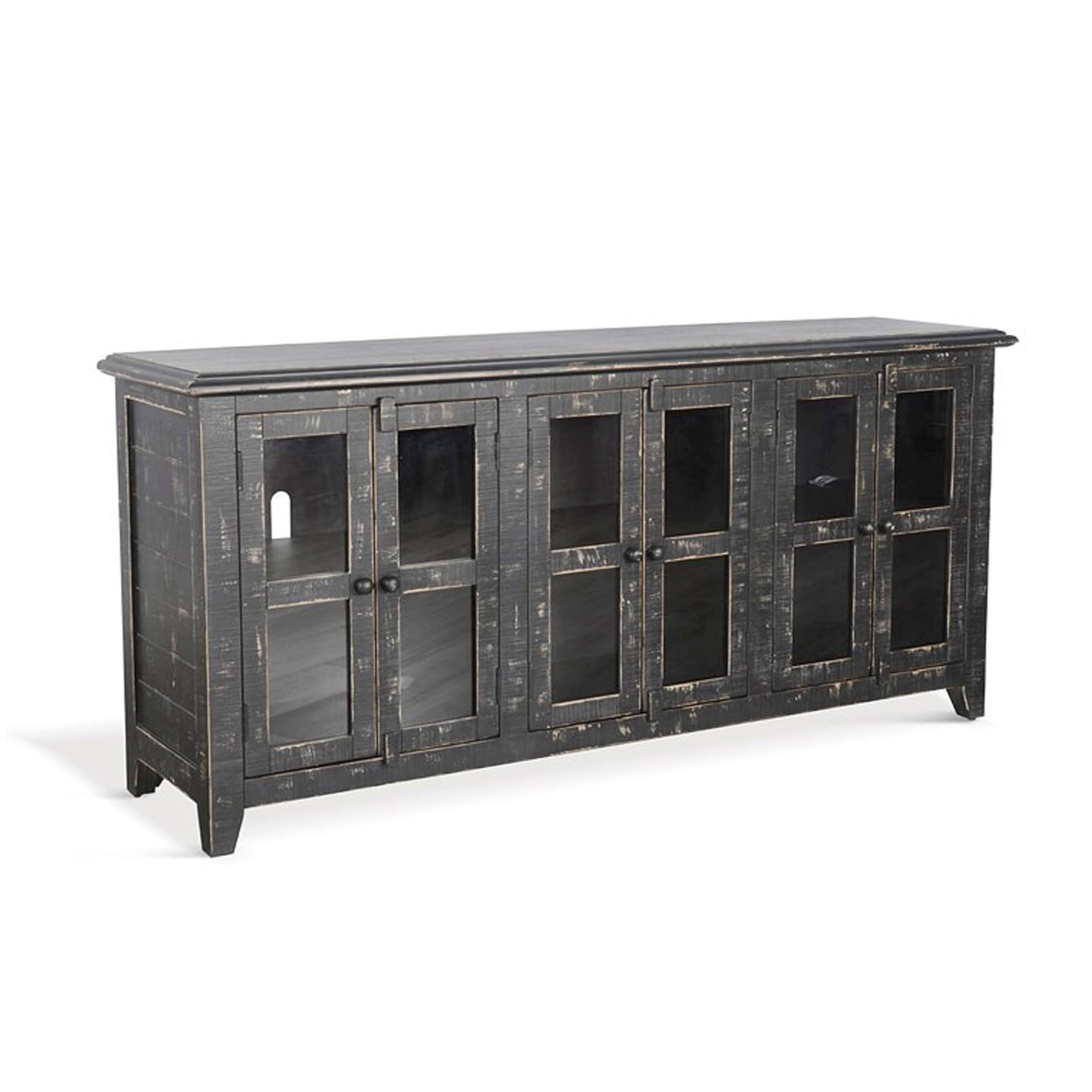 TV Media Entertainment Console with Shelves, 70 Inch Rustic, Black and Clear