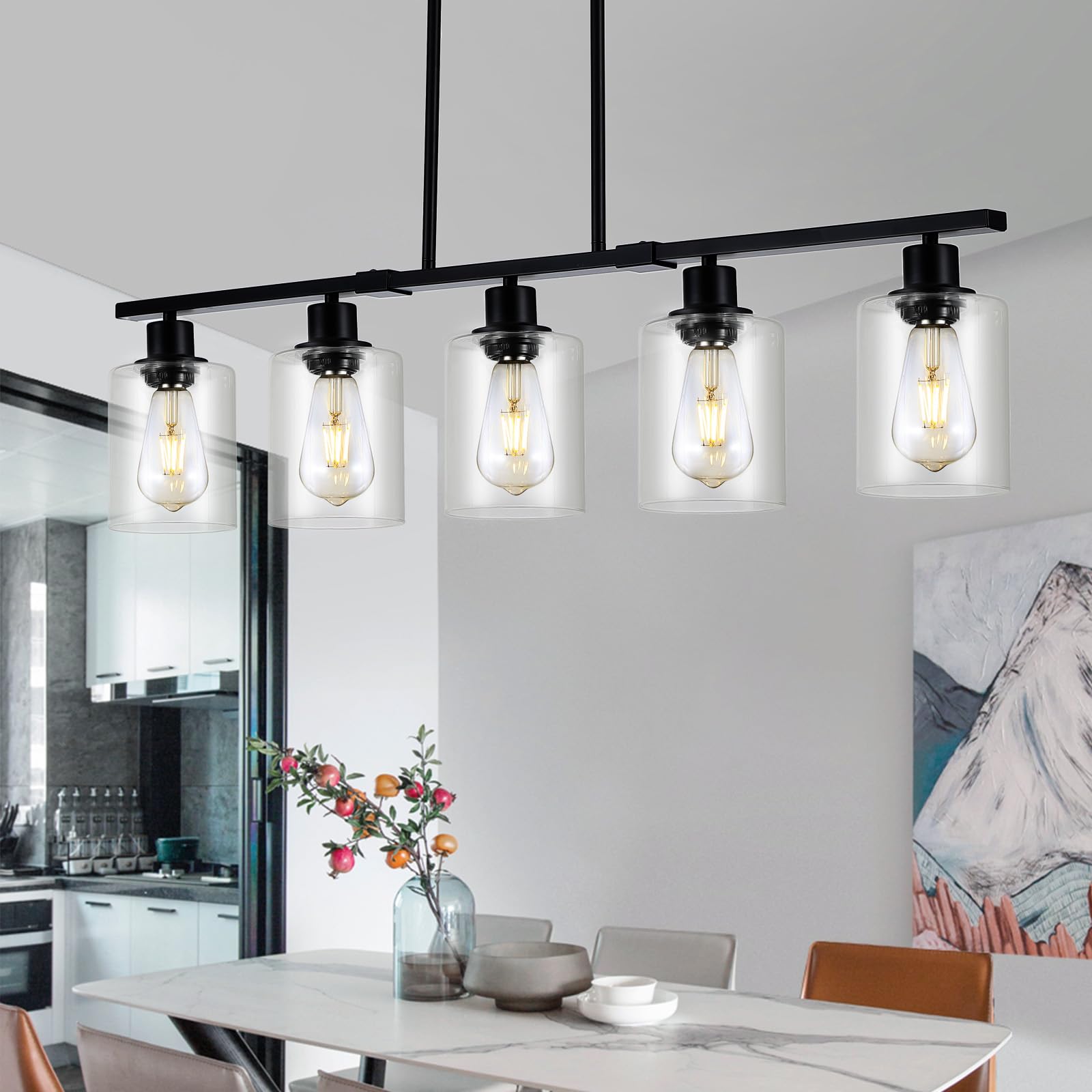 39.4" Kitchen Island Lighting, 5 Lights Clear Glass Pendant Light Fixtue