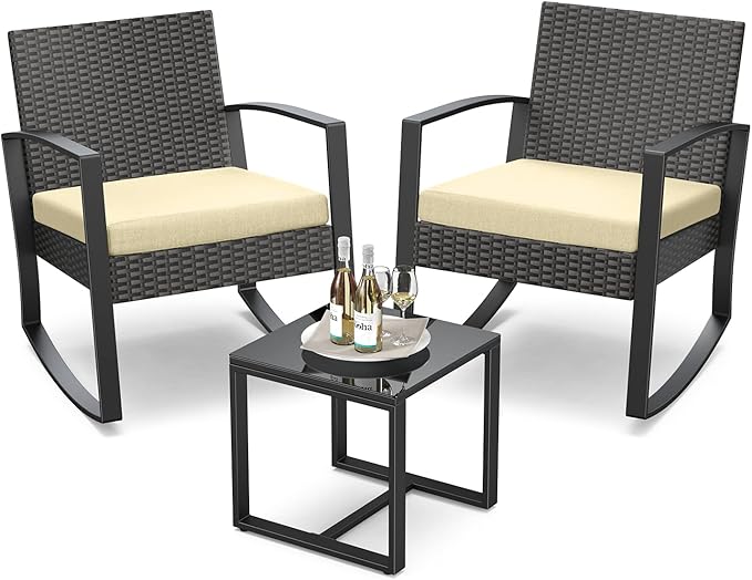 3 Pieces Patio Furniture Set Rocking Bistro Set Outdoor Rattan Conversation