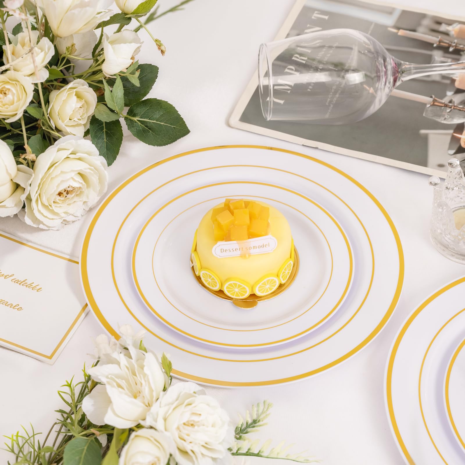 200PCS Gold Plastic Plates Disposable - 100 Dinner / 100 Dessert Plates Heavy Duty