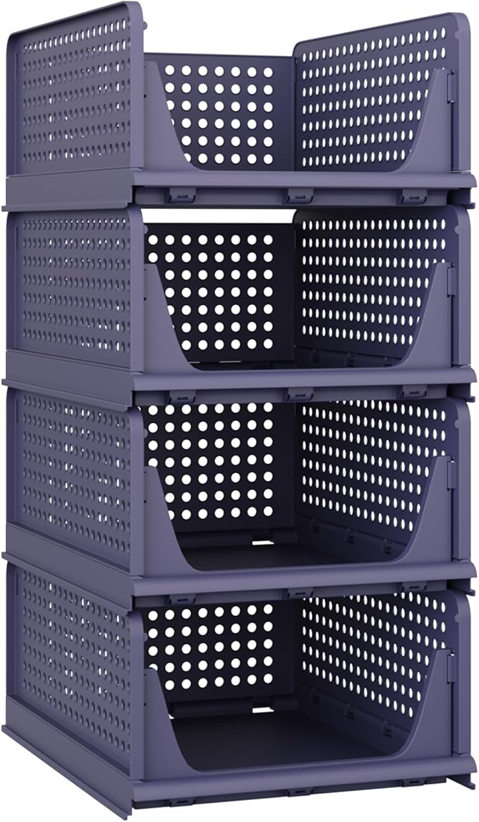 Stackable Plastic Storage Basket, Foldable Closet Organizers and Storage