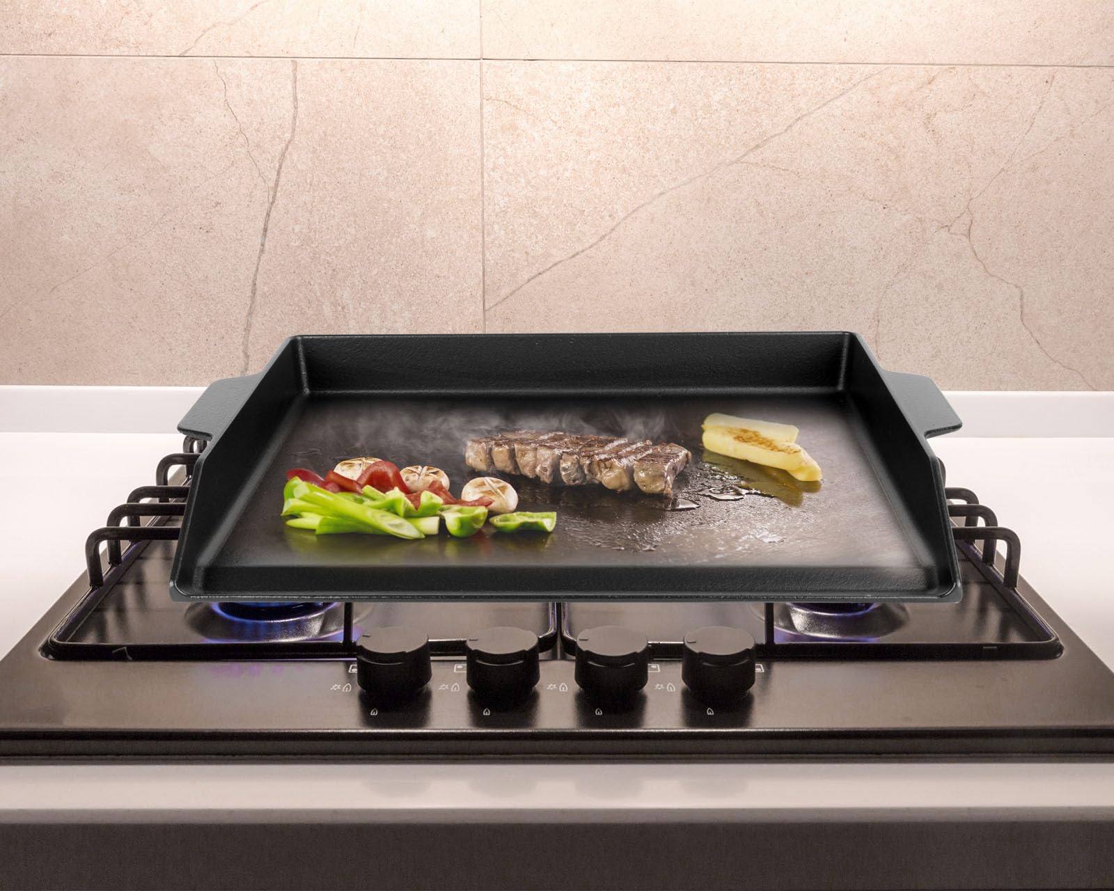 Universal Cast Iron Griddle for Gas Grill with Spatula Set, 23" x 16" Pre-Seasoned Nonstick