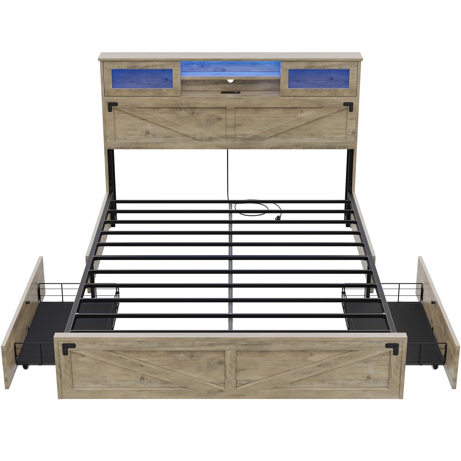 Farmhouse Bed Frame Queen Size with Bookcase Headboard and 2 Drawers