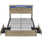 Farmhouse Bed Frame Queen Size with Bookcase Headboard and 2 Drawers