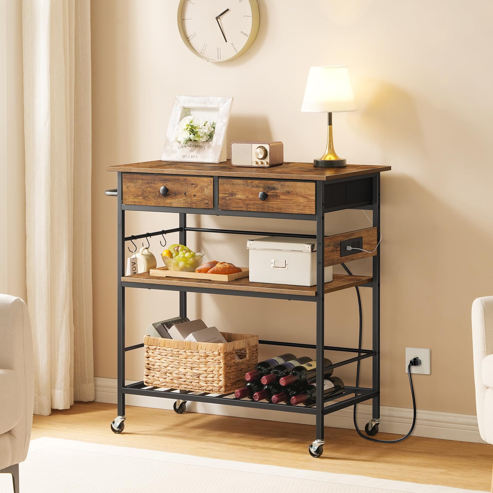 HOOBRO Kitchen Island with Storage, Rolling Island Cart for Kitchen with 2 Drawers & Outlet, 3 Tier Coffee Station and Microwave Stand, Kitchen Island Table for Home, Rustic Brown BF08UZD01