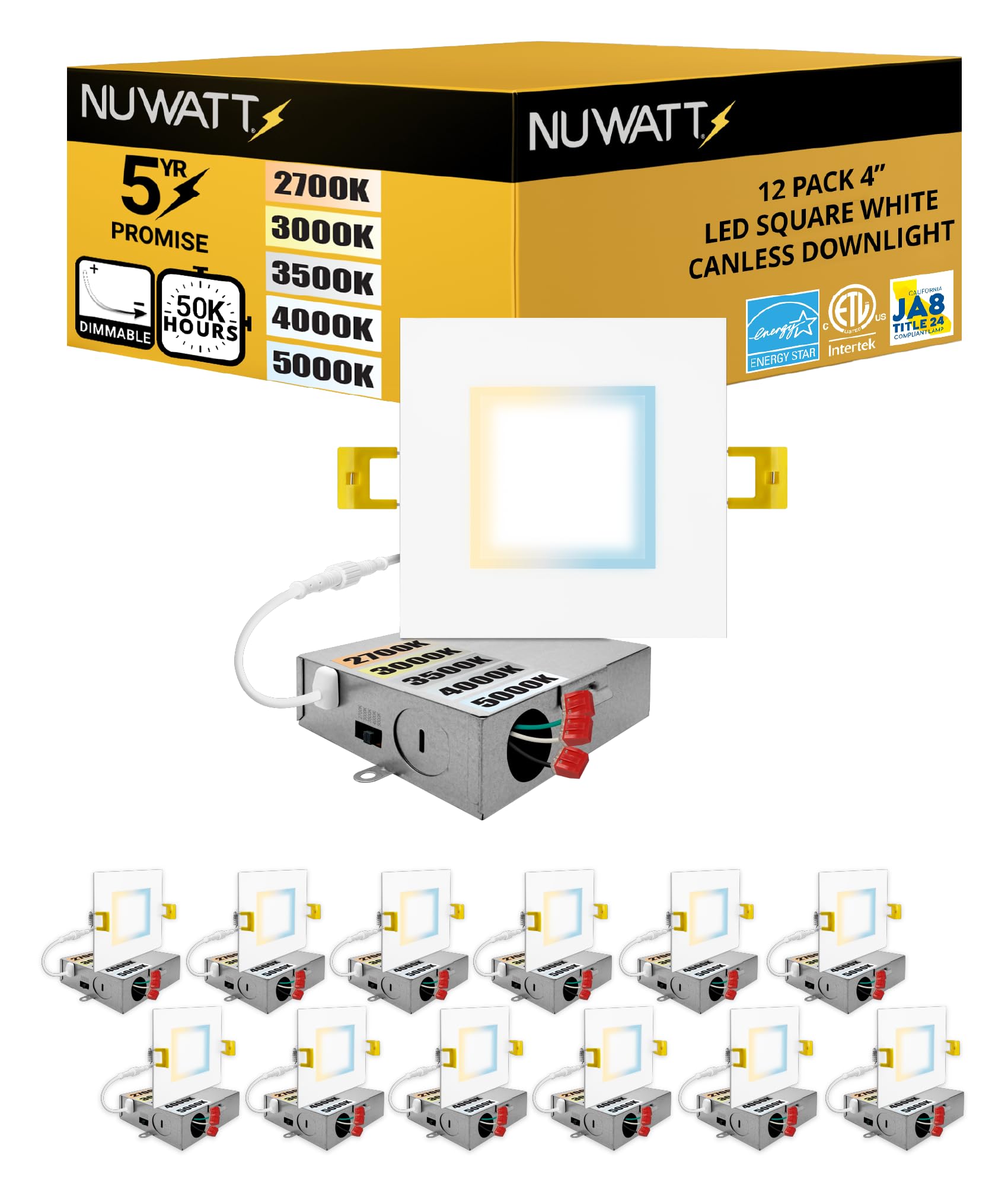 4 Inch LED Square Recessed Lighting, 5CCT Selectable 2700K/3000K/3500K