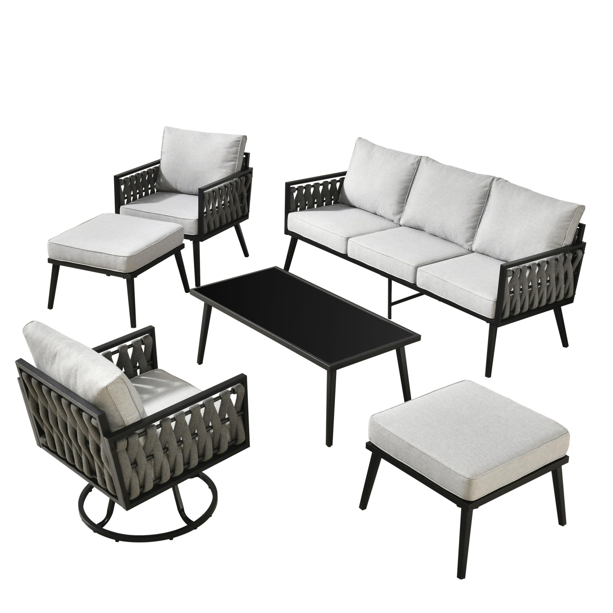 6 Pcs Patio Furniture Sets with Deep Seating, Patio Swivel Chair Thick Cushions