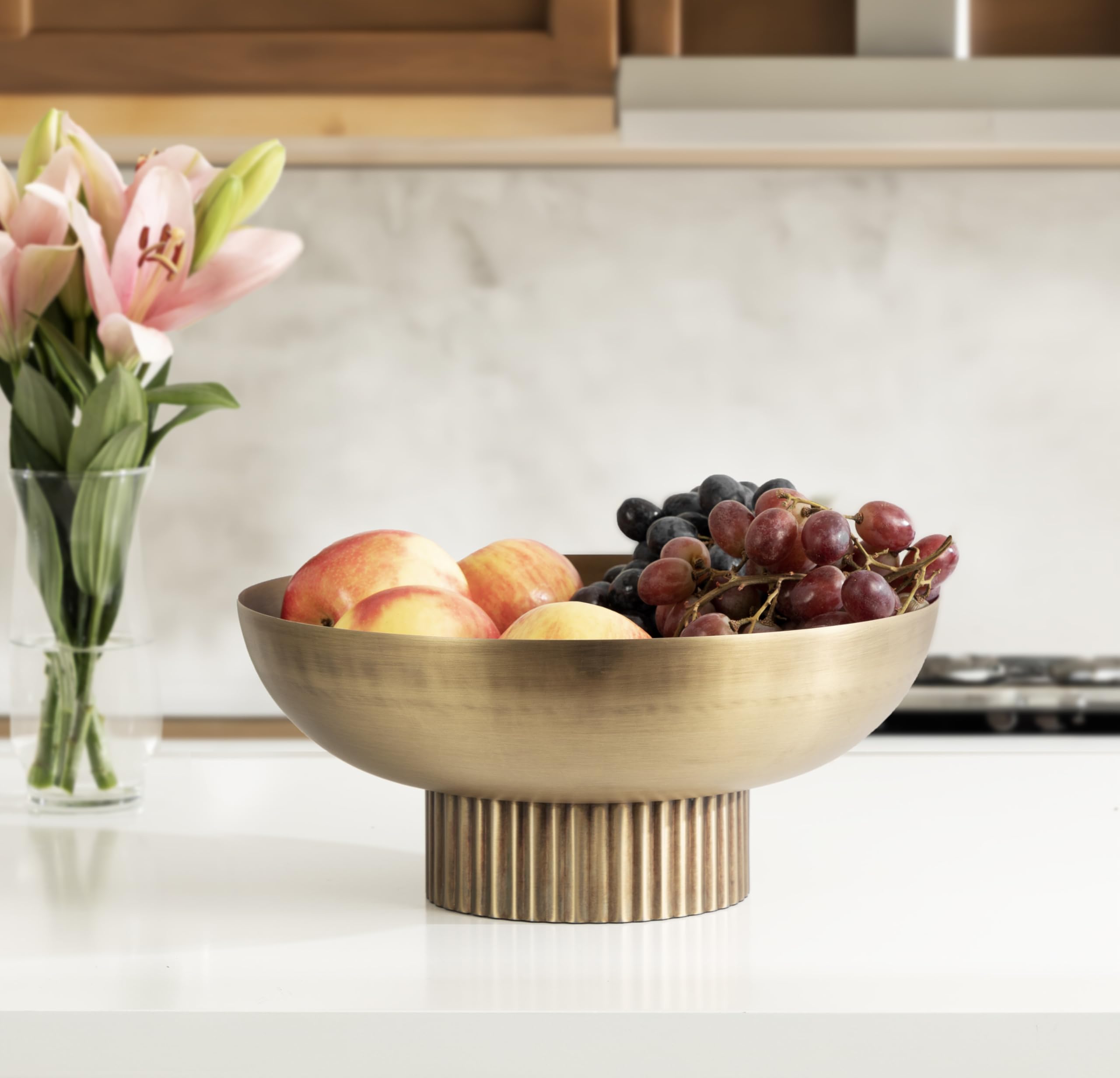 Decorative Metal Bowl, 12 Inch Diameter, Brass, Modern Raised Fruit Bowl for Kitchen