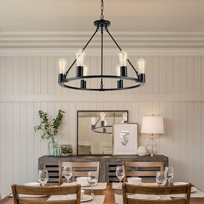 Wagon Wheel Chandelier, Large Black Farmhouse Chandelier for Dining Room Light Fixture