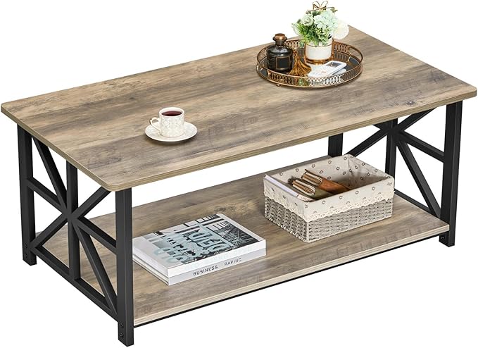 Coffee Table with Round Corner, Farmhouse Center Table with 2-Tier Storage