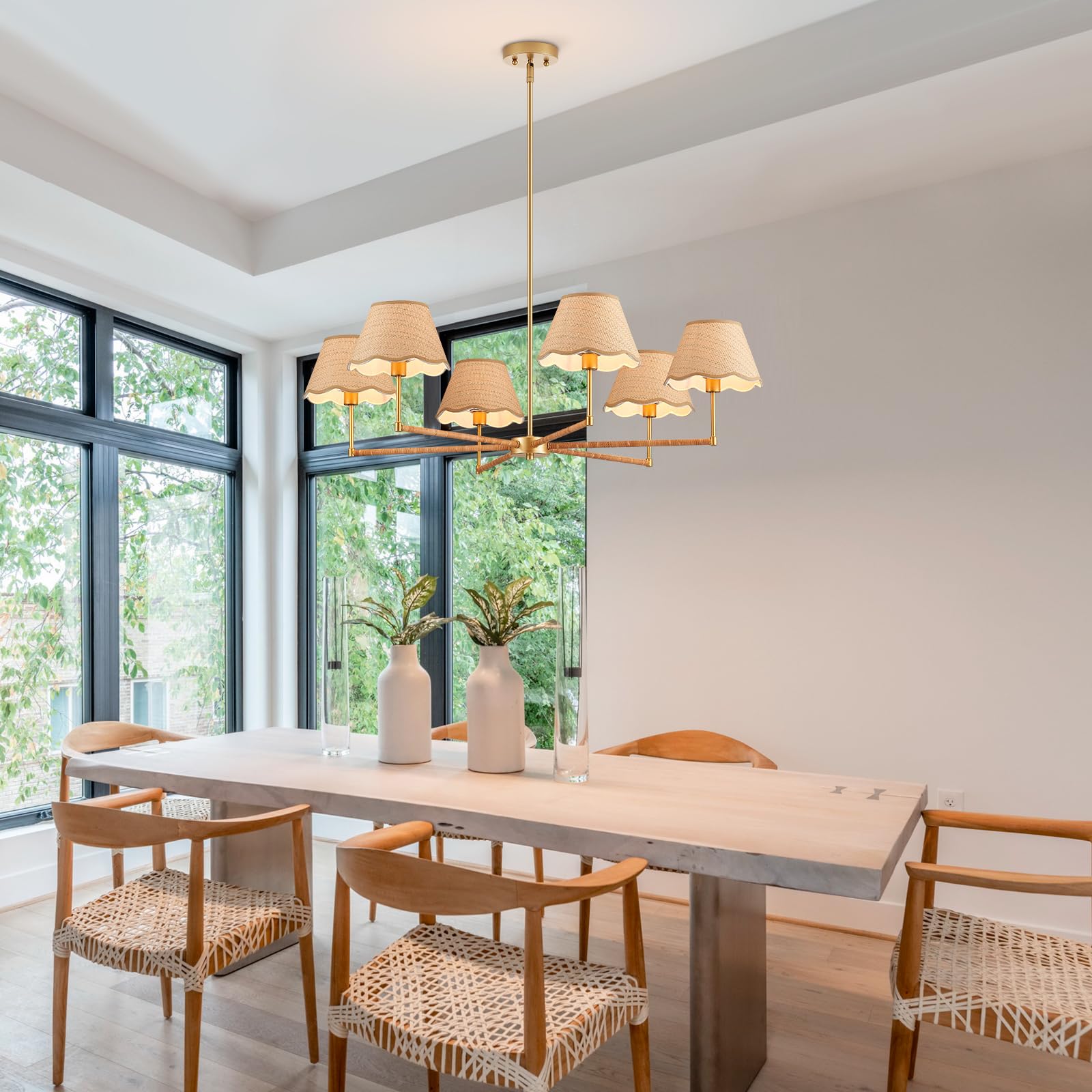 39” Boho Rattan Chandelier 6-Lights Rustic Industrial Pendant Light Large