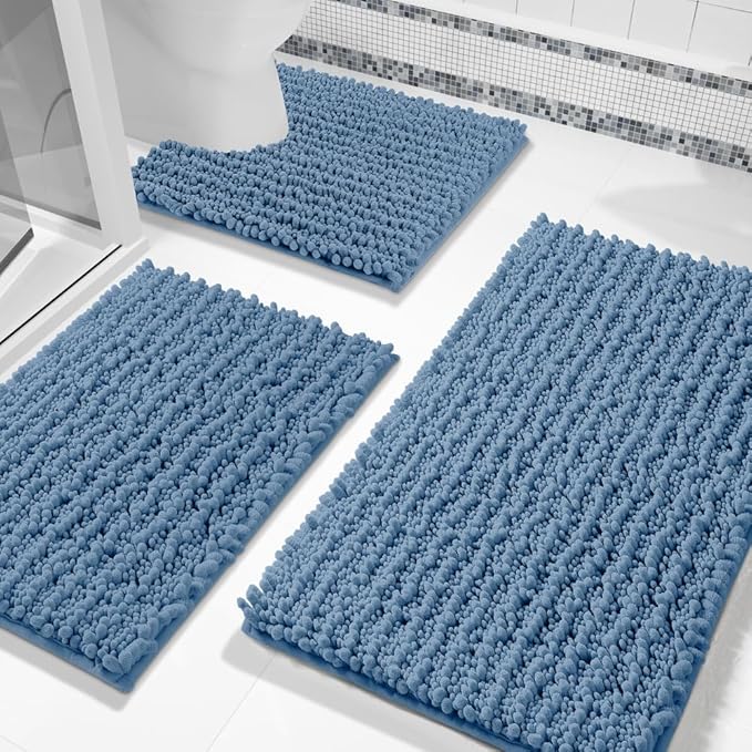 Bathroom Rugs Sets 3 Piece, Fluffy Plush Chenille Baht Room Mats Sets