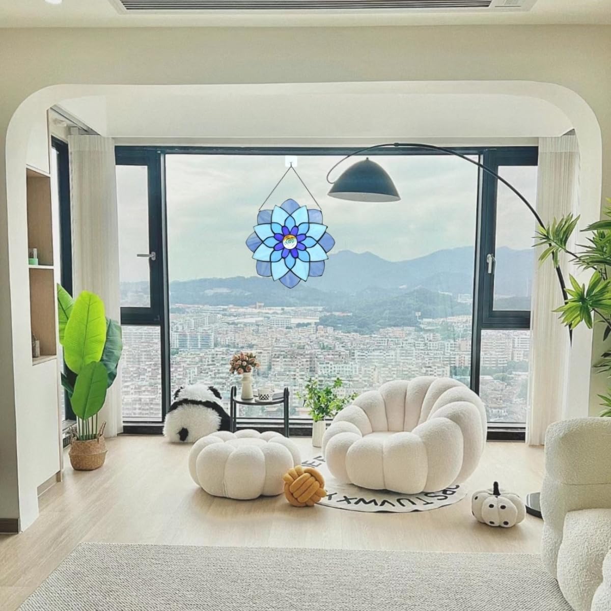 12 Inch Round Stained Glass Window Panel Tiffany Style Ornament Handmade Blue