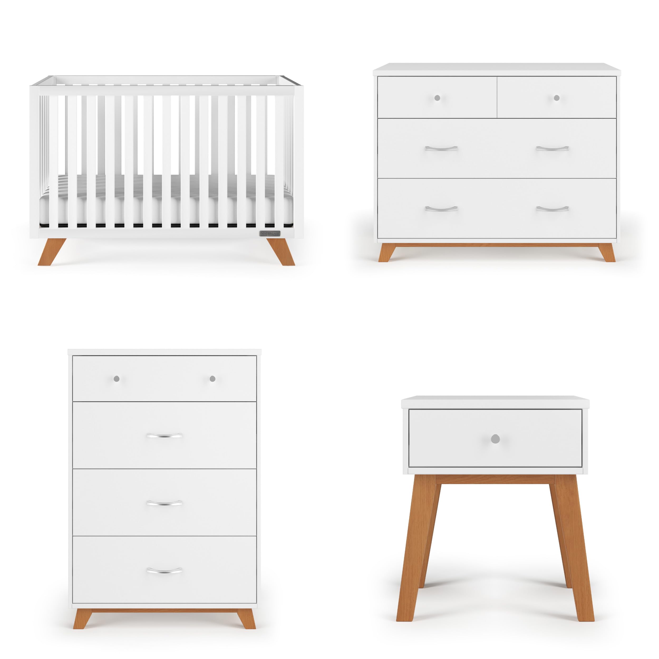 SOHO Crib, 3-Drawer Dresser, Chest, Nightstand, 4-Piece Nursery Set (White/Natural)