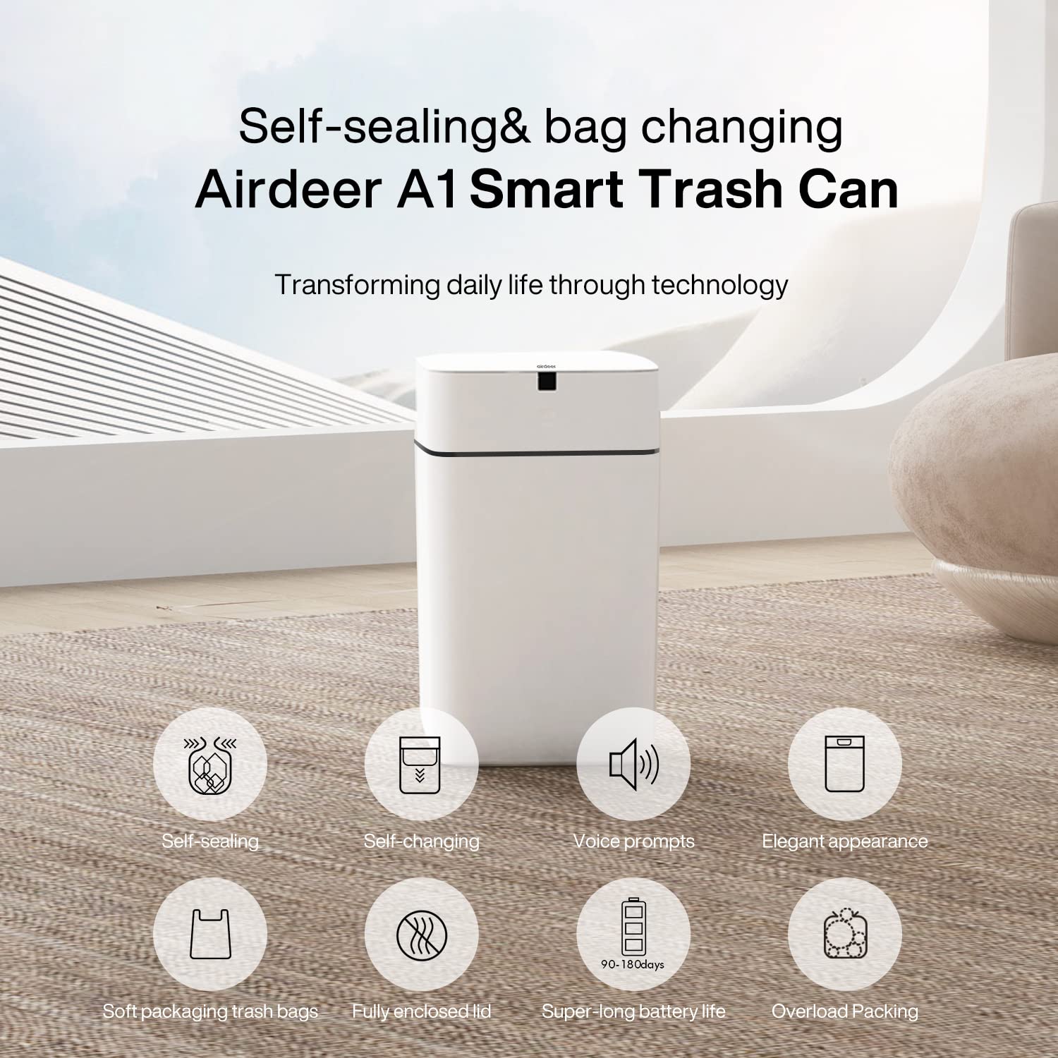 Airdeer Automatic Trash Can, 4 Gallon Self Sealing and Self-Changing Smart Trash Can, Motion Sensor, Touchless Garbage can with lid for Kitchen Bathroom Bedroom, 6 Refill Rings(A1, Black Line)